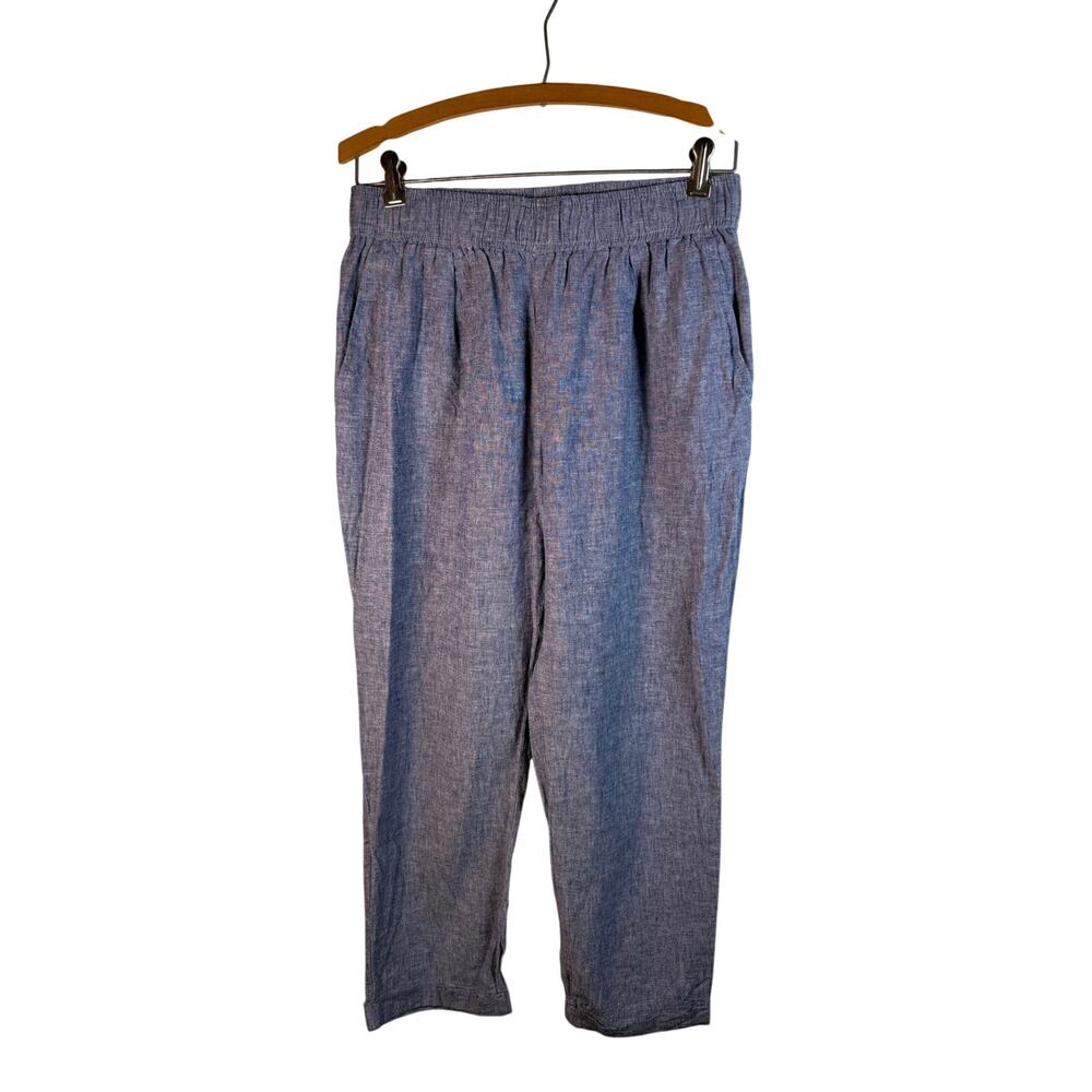 Zara Linen Blend Pants Blue Size M Elastic Waist Cropped Relaxed Trousers